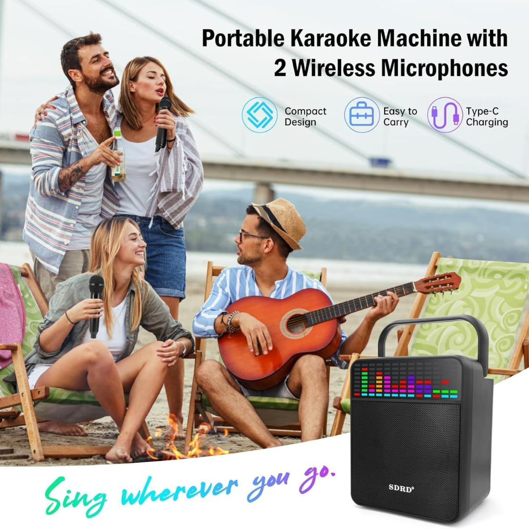 Volpers Karaoke Machine with 2 Wireless Microphones – Portable Bluetooth PA Speaker with LED Lights, USB/AUX Support – for Kids & Adults, Parties, Weddings, Teaching Events