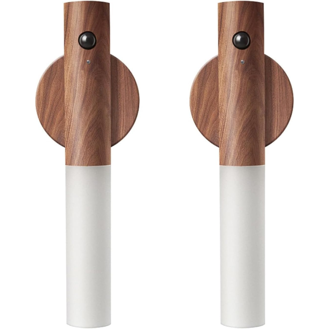 2 PCS Motion Sensor Night Light – USB Rechargeable Magnetic Wall Sconces, Smart Portable LED Lamp with Wooden Design for Bedroom, Hallway, Stairway (Walnut Wood)