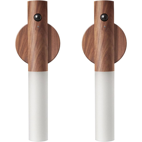 2 PCS Motion Sensor Night Light – USB Rechargeable Magnetic Wall Sconces, Smart Portable LED Lamp with Wooden Design for Bedroom, Hallway, Stairway (Walnut Wood)
