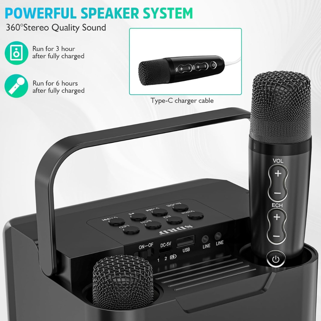 Volpers Karaoke Machine for Kids & Adults – Portable Bluetooth PA System with 2 Wireless Microphones & LED Lights | Fun Singing Toy for Girls, Boys & Family Parties | Christmas & Home Entertainment