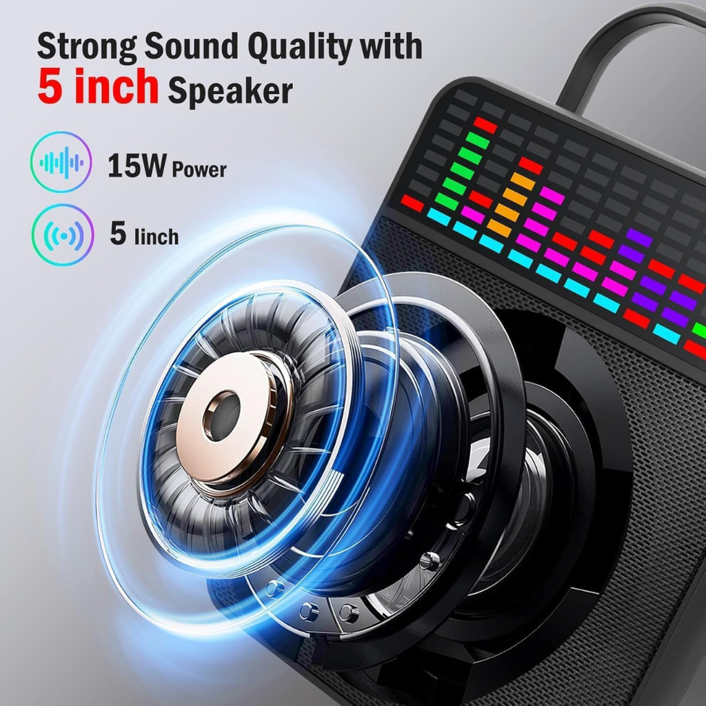 Volpers Karaoke Machine with 2 Wireless Microphones – Portable Bluetooth PA Speaker with LED Lights, USB/AUX Support – for Kids & Adults, Parties, Weddings, Teaching Events