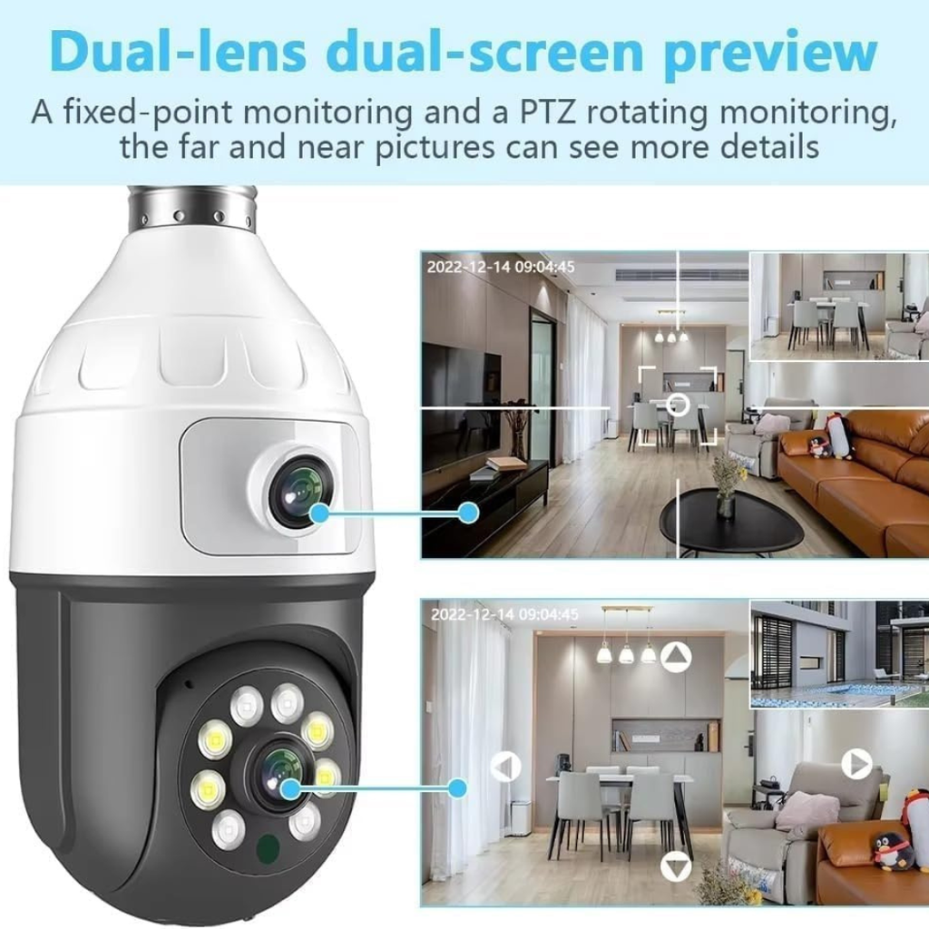 Volpers PTZ Bulb Security Camera – 6MP Dual Lens WiFi IP Cam | 360° Pan Tilt Zoom | Auto-Tracking Motion Detection | Night Vision | Two-Way Audio | Indoor & Outdoor CCTV Surveillance