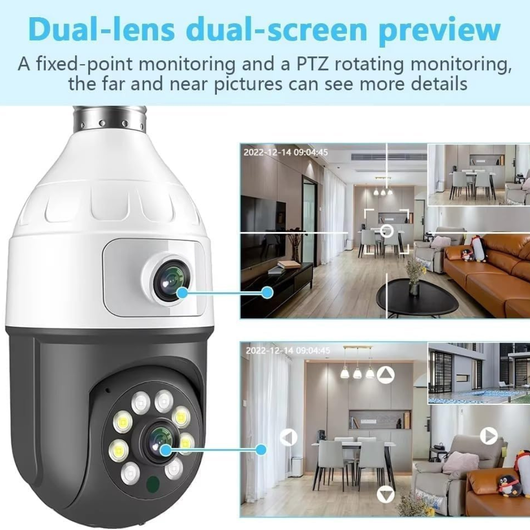 Volpers PTZ Bulb Security Camera – 6MP Dual Lens WiFi IP Cam | 360° Pan Tilt Zoom | Auto-Tracking Motion Detection | Night Vision | Two-Way Audio | Indoor & Outdoor CCTV Surveillance
