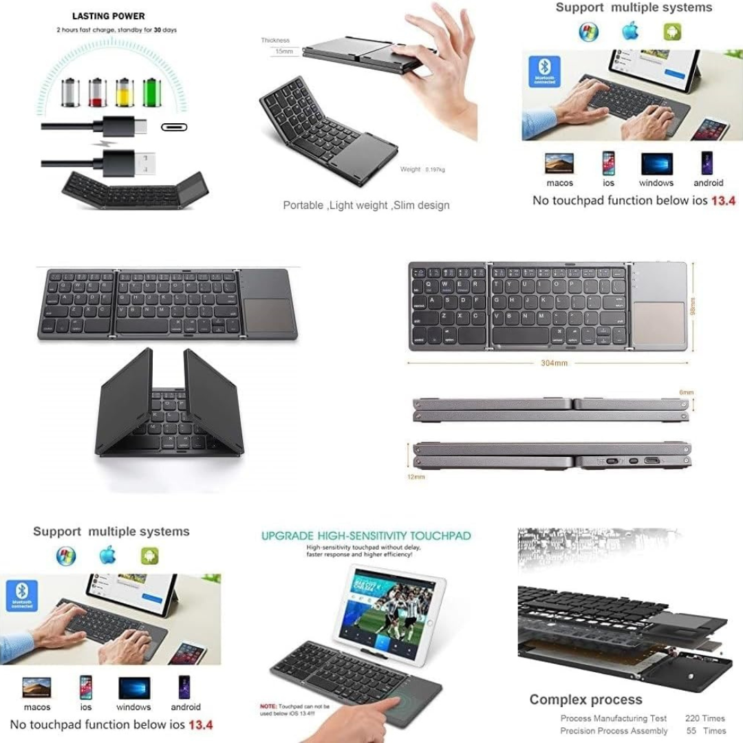 Volpers Foldable Wireless Keyboard with Touchpad – Portable Rechargeable Bluetooth Keyboard for iPhone 15 Pro Max, iPad, Tablets & Smartphones (Type-C Charging)