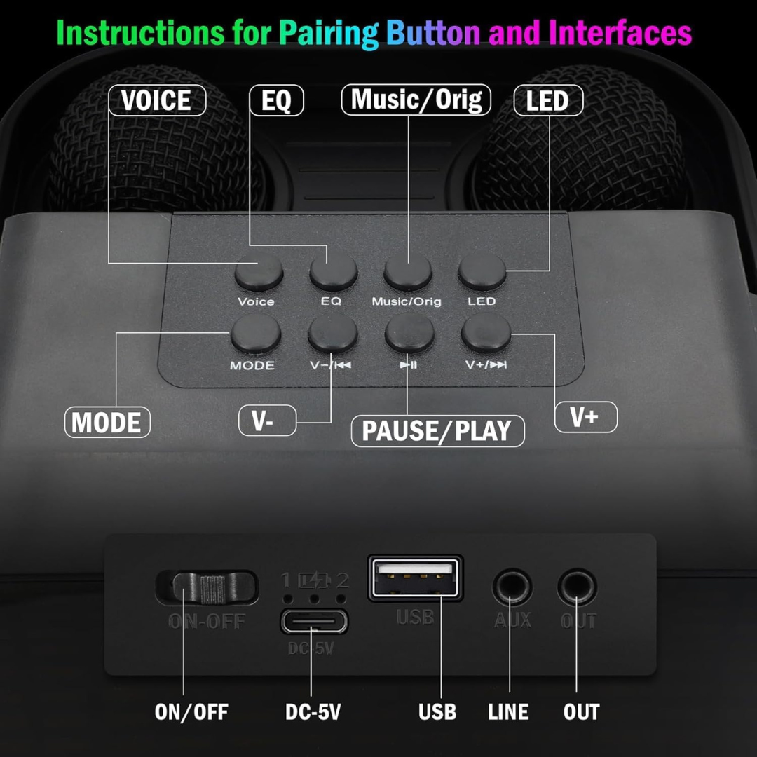 Volpers Karaoke Machine with 2 Wireless Microphones – Portable Bluetooth PA Speaker with LED Lights, USB/AUX Support – for Kids & Adults, Parties, Weddings, Teaching Events