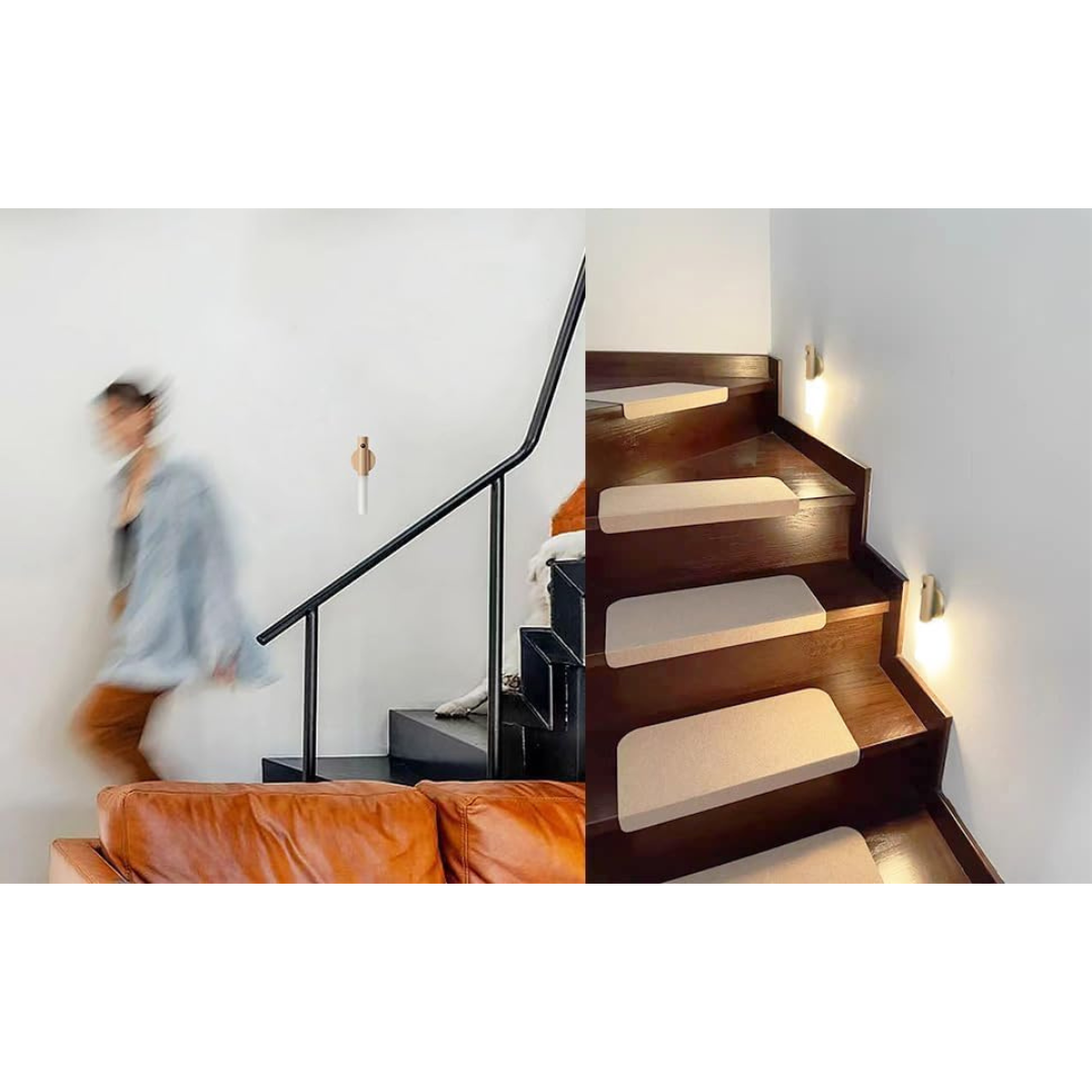2 PCS Motion Sensor Night Light – USB Rechargeable Magnetic Wall Sconces, Smart Portable LED Lamp with Wooden Design for Bedroom, Hallway, Stairway (Walnut Wood)