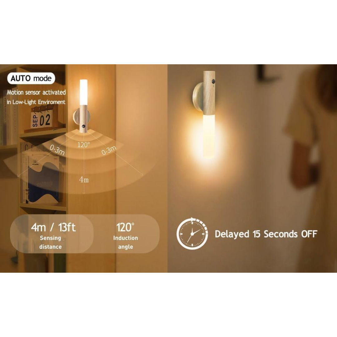 2 PCS Motion Sensor Night Light – USB Rechargeable Magnetic Wall Sconces, Smart Portable LED Lamp with Wooden Design for Bedroom, Hallway, Stairway (Walnut Wood)