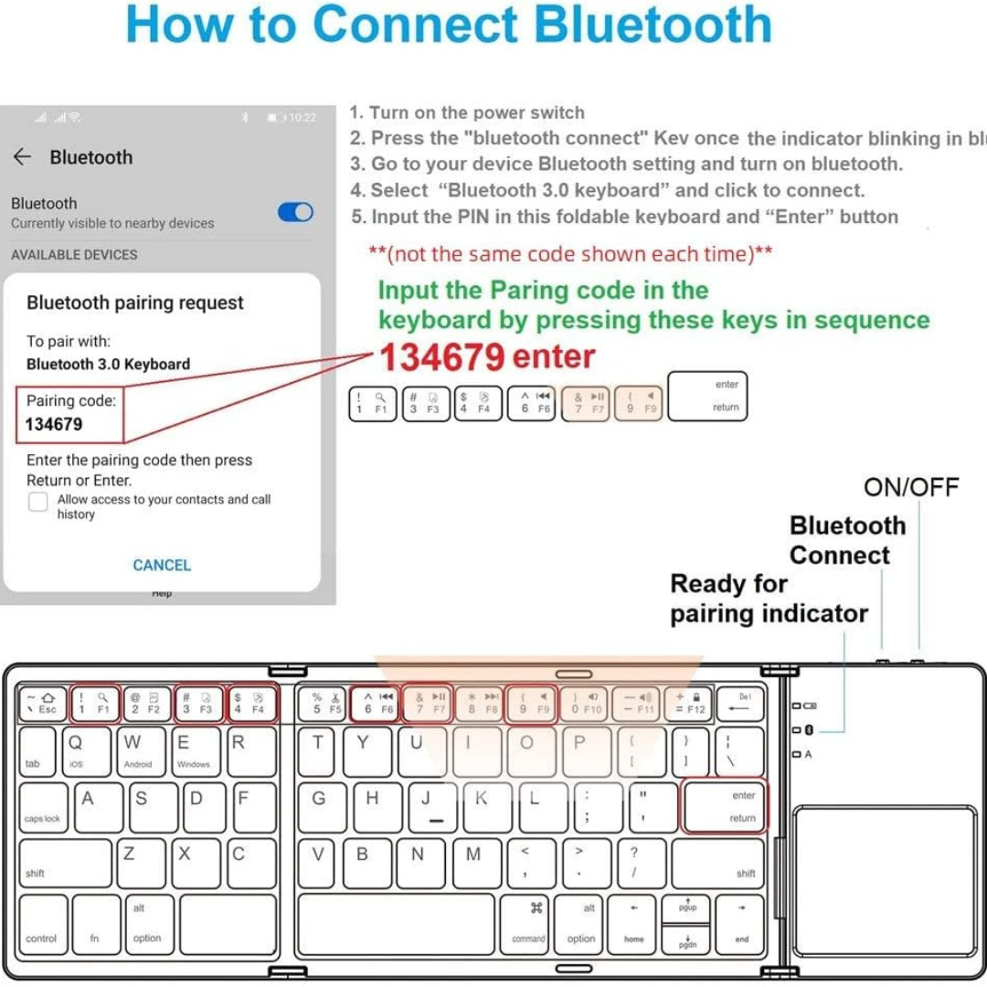 Volpers Foldable Wireless Keyboard with Touchpad – Portable Rechargeable Bluetooth Keyboard for iPhone 15 Pro Max, iPad, Tablets & Smartphones (Type-C Charging)