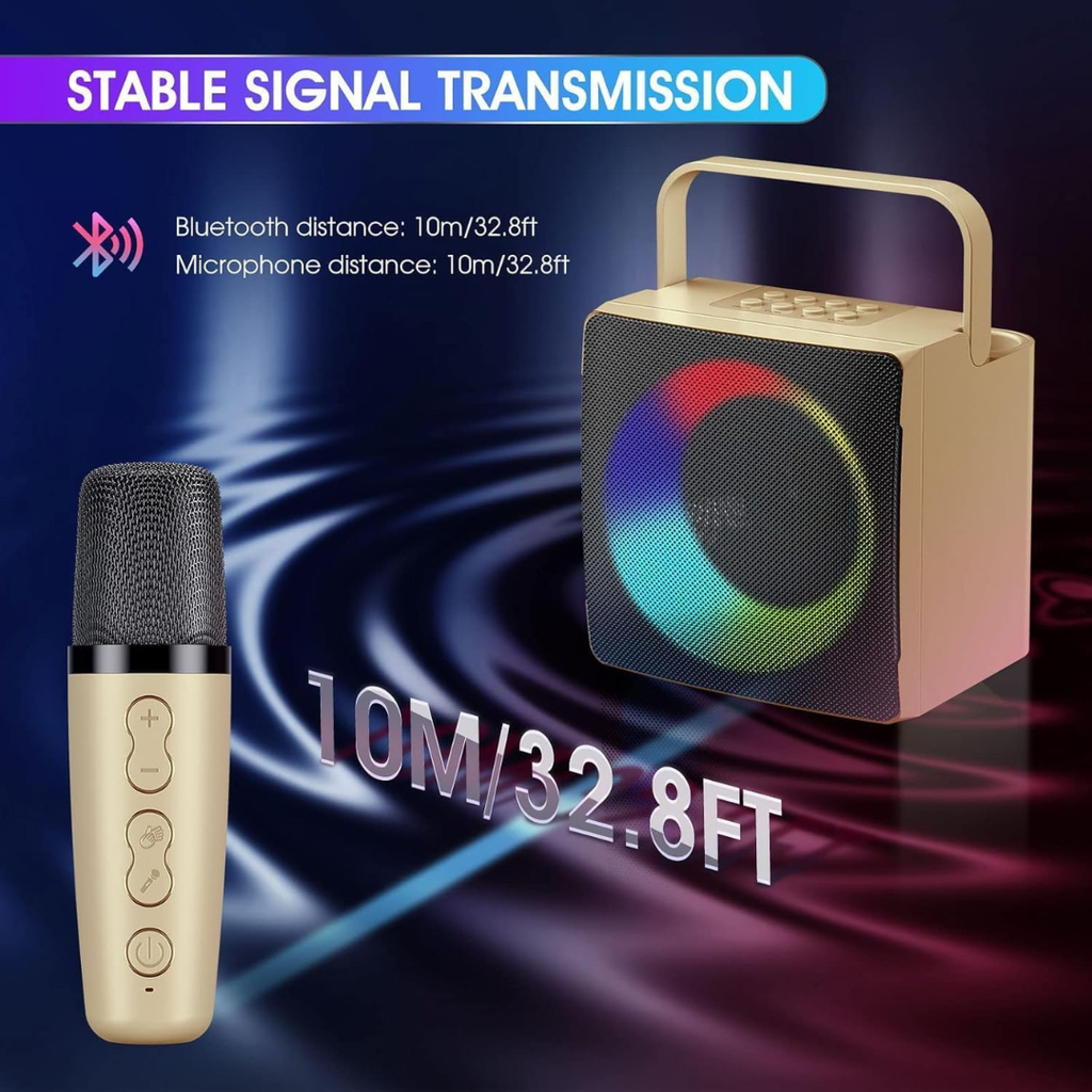 Volpers Kids Bluetooth Karaoke Machine – Portable Speaker System with 2 Wireless Microphones & LED Lights | Gold Edition | Fun Singing Machine for Girls & Boys | Ideal for Parties, Weddings & Events