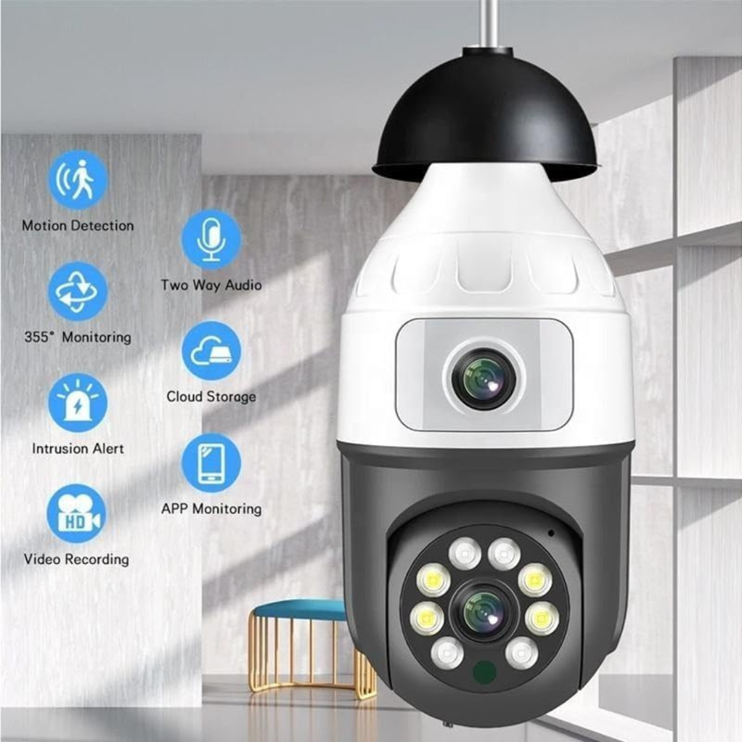 Volpers PTZ Bulb Security Camera – 6MP Dual Lens WiFi IP Cam | 360° Pan Tilt Zoom | Auto-Tracking Motion Detection | Night Vision | Two-Way Audio | Indoor & Outdoor CCTV Surveillance