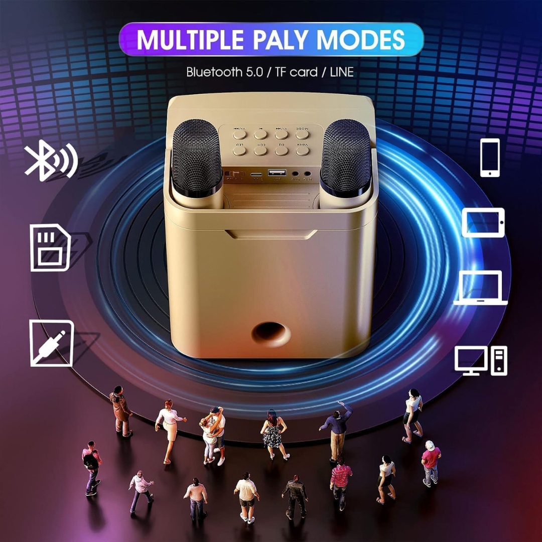 Volpers Kids Bluetooth Karaoke Machine – Portable Speaker System with 2 Wireless Microphones & LED Lights | Gold Edition | Fun Singing Machine for Girls & Boys | Ideal for Parties, Weddings & Events