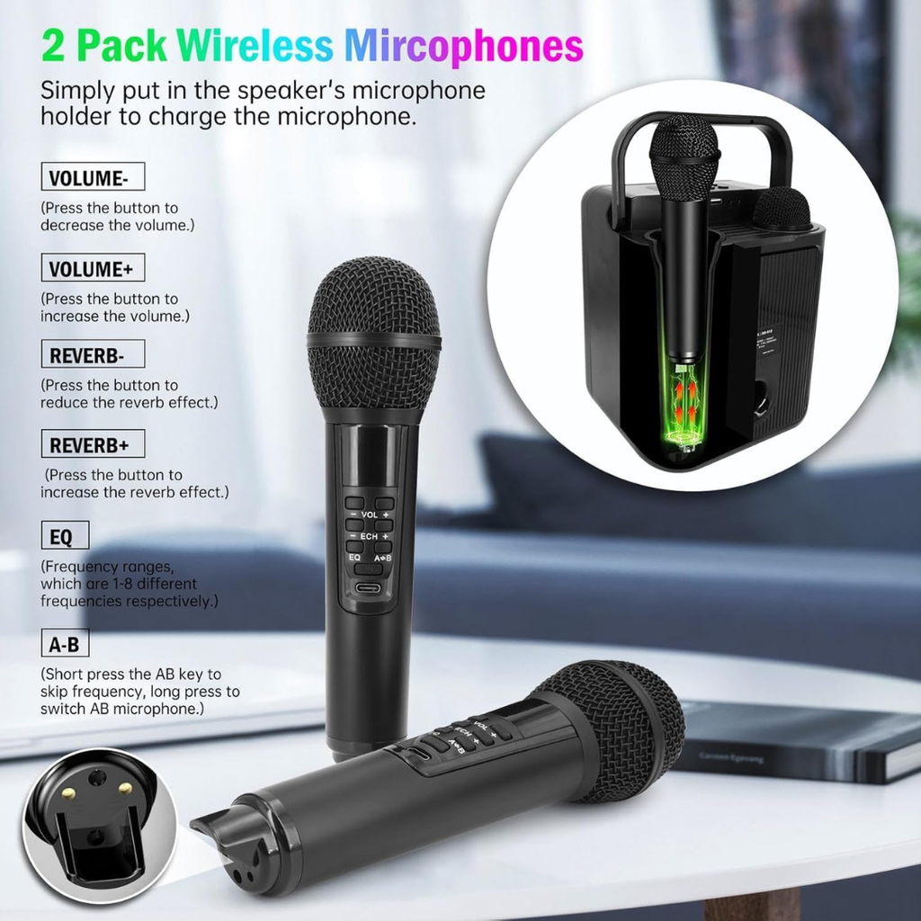 Volpers Karaoke Machine with 2 Wireless Microphones – Portable Bluetooth PA Speaker with LED Lights, USB/AUX Support – for Kids & Adults, Parties, Weddings, Teaching Events