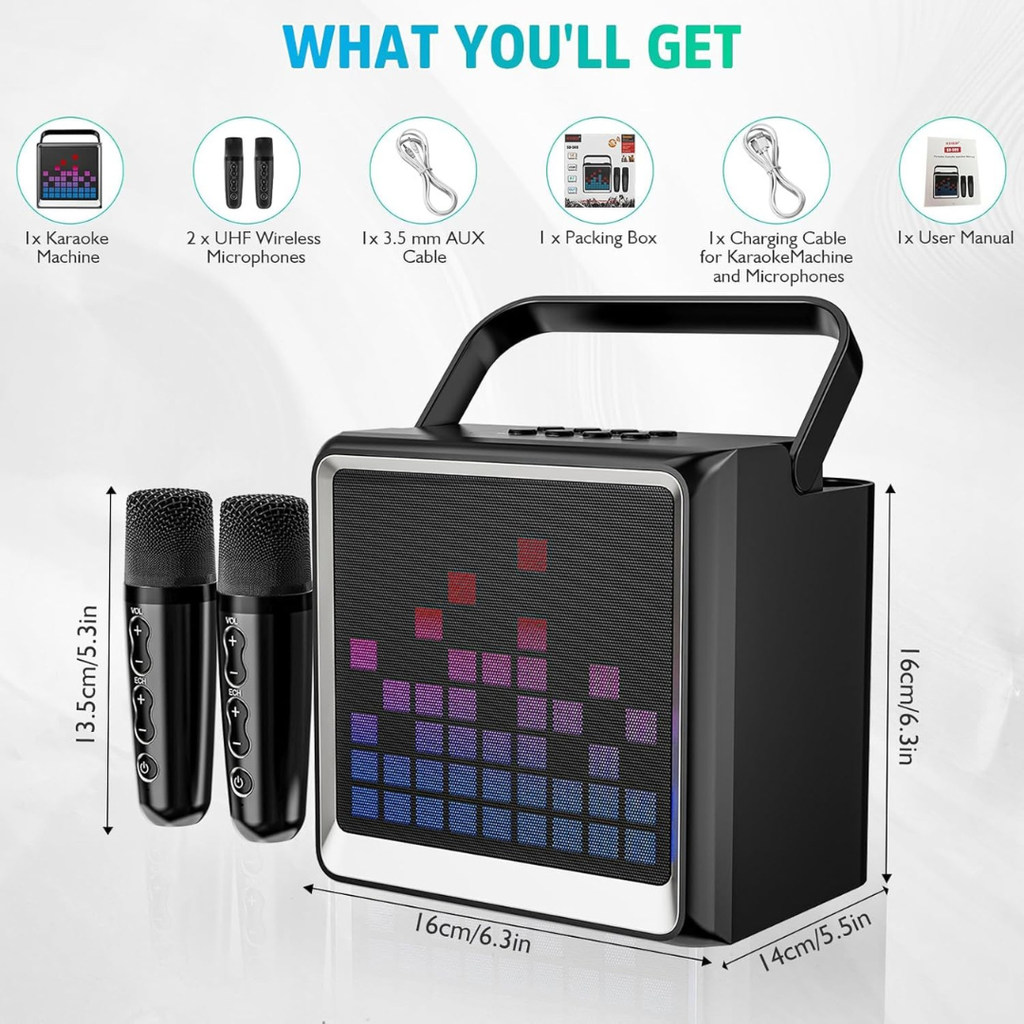 Volpers Karaoke Machine for Kids & Adults – Portable Bluetooth PA System with 2 Wireless Microphones & LED Lights | Fun Singing Toy for Girls, Boys & Family Parties | Christmas & Home Entertainment