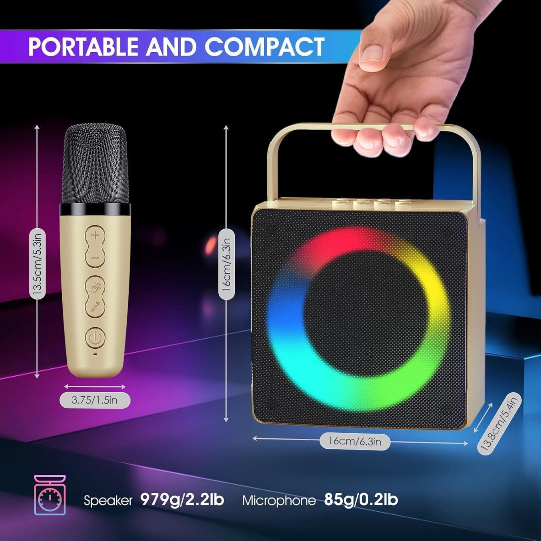 Volpers Kids Bluetooth Karaoke Machine – Portable Speaker System with 2 Wireless Microphones & LED Lights | Gold Edition | Fun Singing Machine for Girls & Boys | Ideal for Parties, Weddings & Events