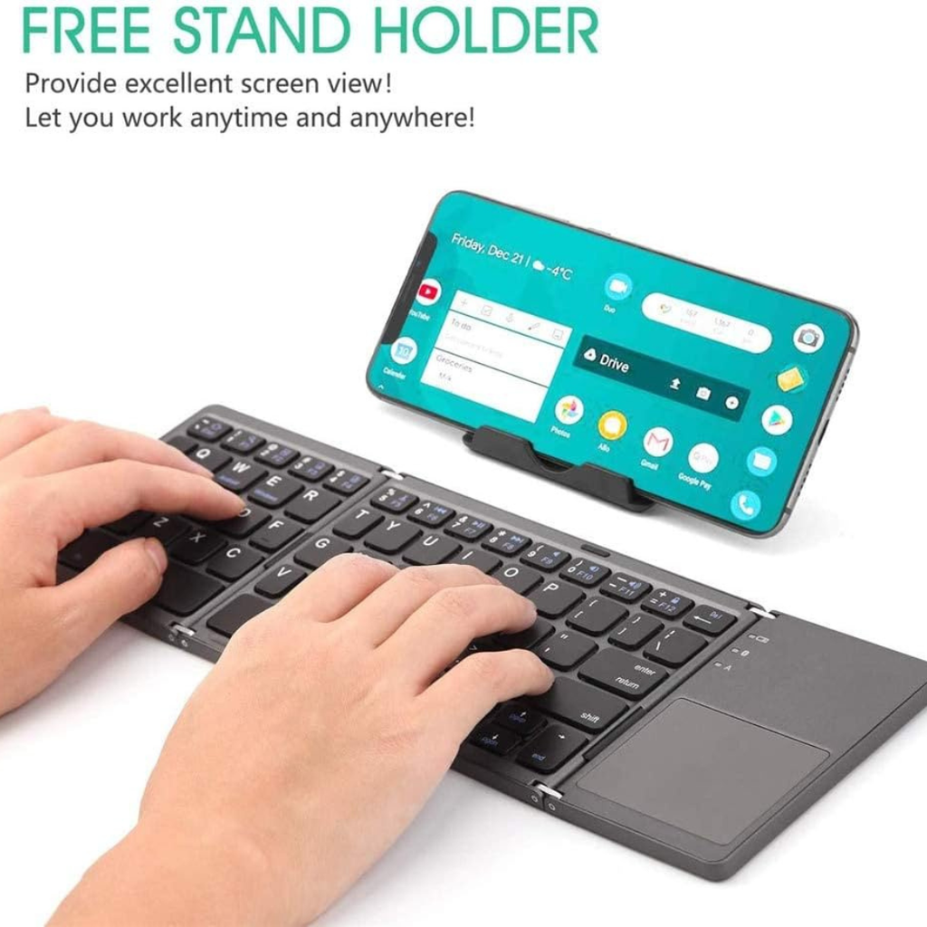 Volpers Foldable Wireless Keyboard with Touchpad – Portable Rechargeable Bluetooth Keyboard for iPhone 15 Pro Max, iPad, Tablets & Smartphones (Type-C Charging)