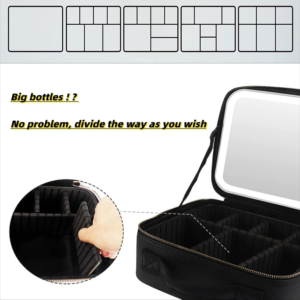 Volpers Makeup Bag with LED Mirror – 3 Adjustable Brightness Levels, Dividers for Jewelry, Essential Oils, Toiletries & Daily Makeup Storage