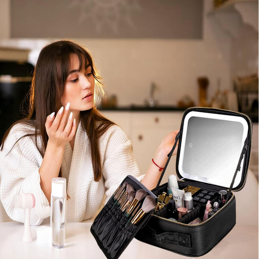 Volpers Makeup Bag with LED Mirror – 3 Adjustable Brightness Levels, Dividers for Jewelry, Essential Oils, Toiletries & Daily Makeup Storage