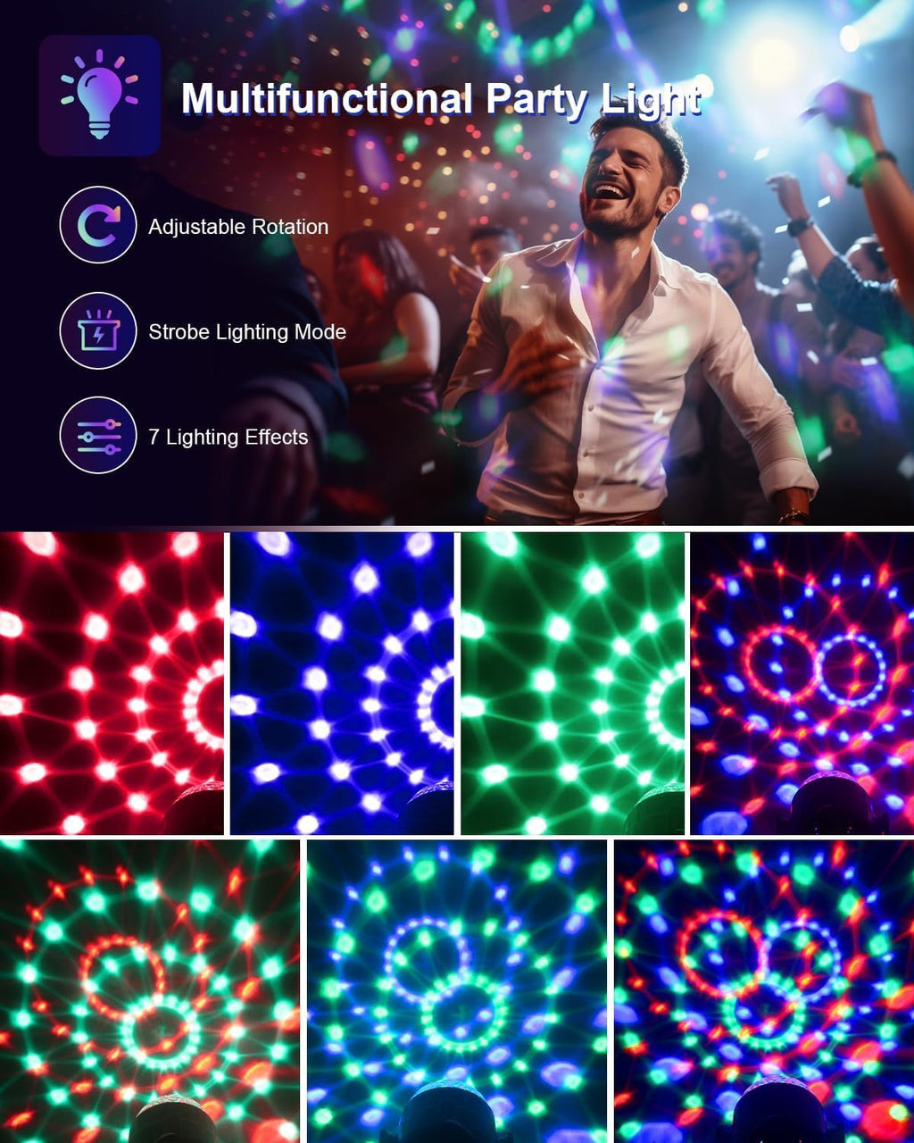 Volpers Sound Activated Party Lights – Remote-Controlled DJ Lighting, RGB Disco Ball, 7-Mode Strobe Stage Lamp for Home, Dance Parties, Weddings, Karaoke, Bars & Clubs
