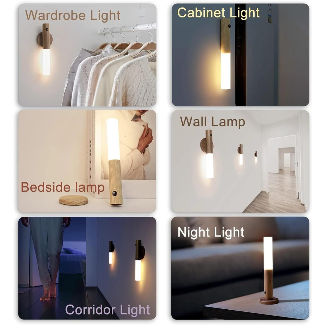 2 PCS Motion Sensor Night Light – USB Rechargeable Magnetic Wall Sconces, Smart Portable LED Lamp with Wooden Design for Bedroom, Hallway, Stairway (Walnut Wood)