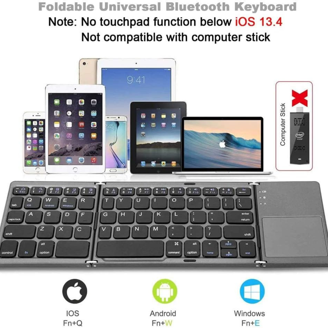Volpers Foldable Wireless Keyboard with Touchpad – Portable Rechargeable Bluetooth Keyboard for iPhone 15 Pro Max, iPad, Tablets & Smartphones (Type-C Charging)