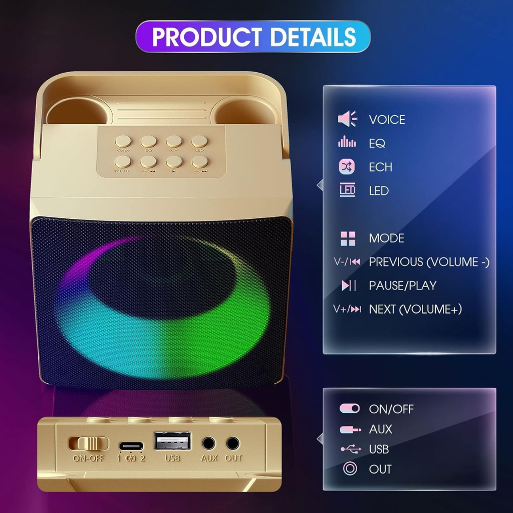 Volpers Kids Bluetooth Karaoke Machine – Portable Speaker System with 2 Wireless Microphones & LED Lights | Gold Edition | Fun Singing Machine for Girls & Boys | Ideal for Parties, Weddings & Events