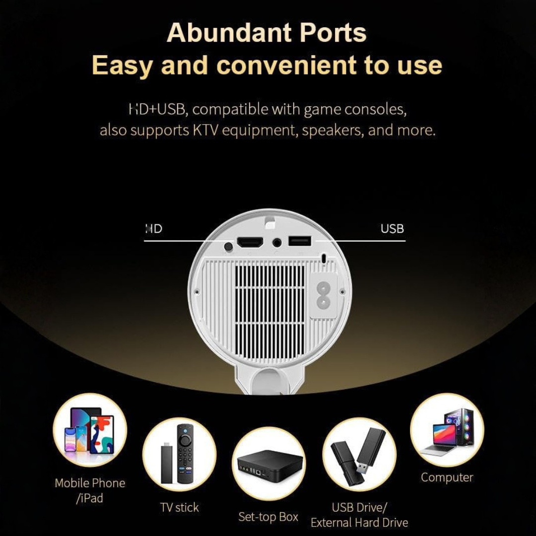 Volpers HT16 Android LED Projector – 720P Portable Home Theater with HDMI & USB, 130" Display, TV Stick & Smartphone Compatible, Big Screen Projector for Indoor & Outdoor Entertainment