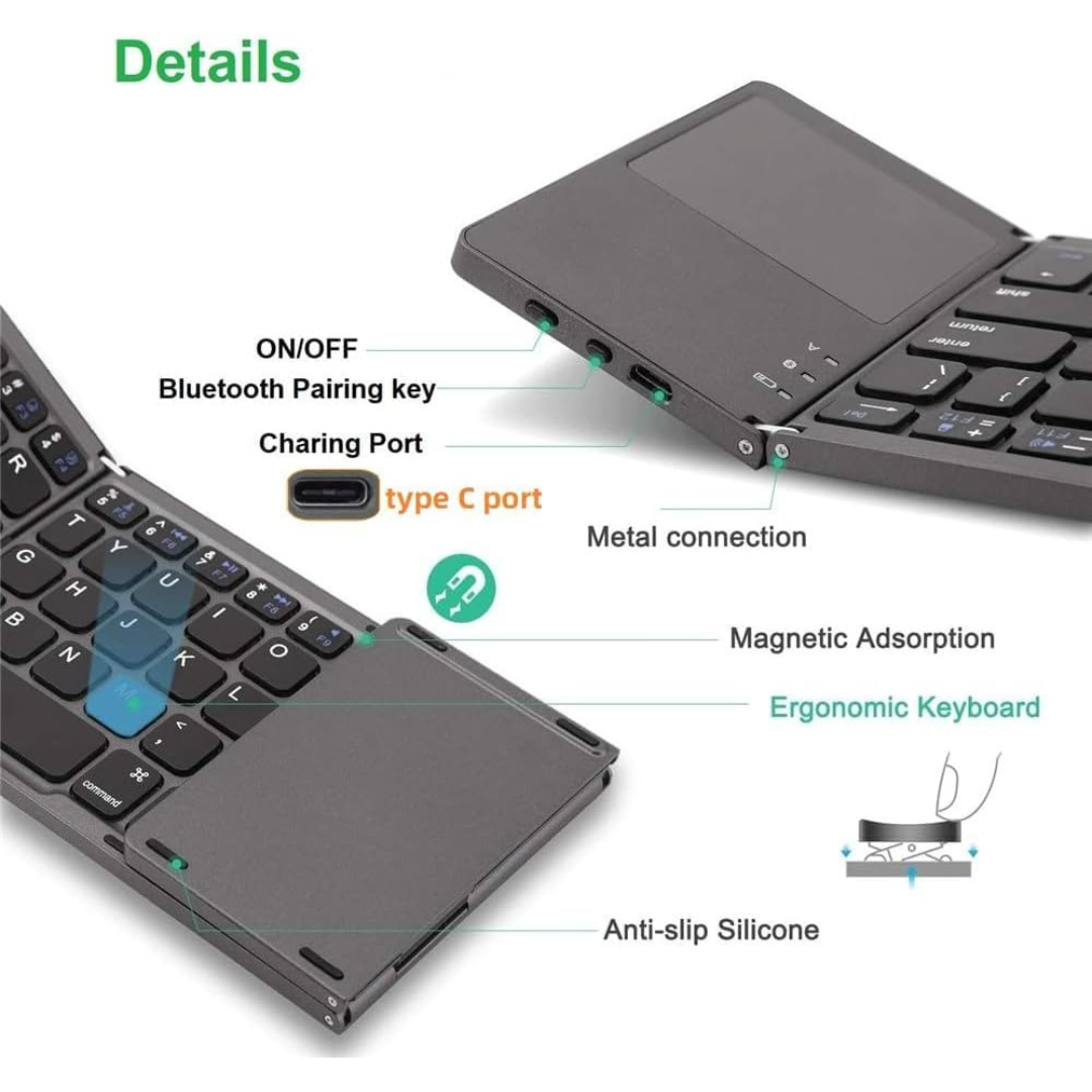 Volpers Foldable Wireless Keyboard with Touchpad – Portable Rechargeable Bluetooth Keyboard for iPhone 15 Pro Max, iPad, Tablets & Smartphones (Type-C Charging)