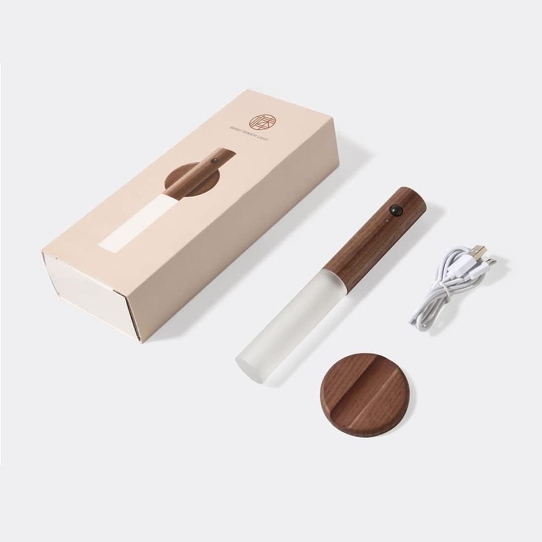 2 PCS Motion Sensor Night Light – USB Rechargeable Magnetic Wall Sconces, Smart Portable LED Lamp with Wooden Design for Bedroom, Hallway, Stairway (Walnut Wood)