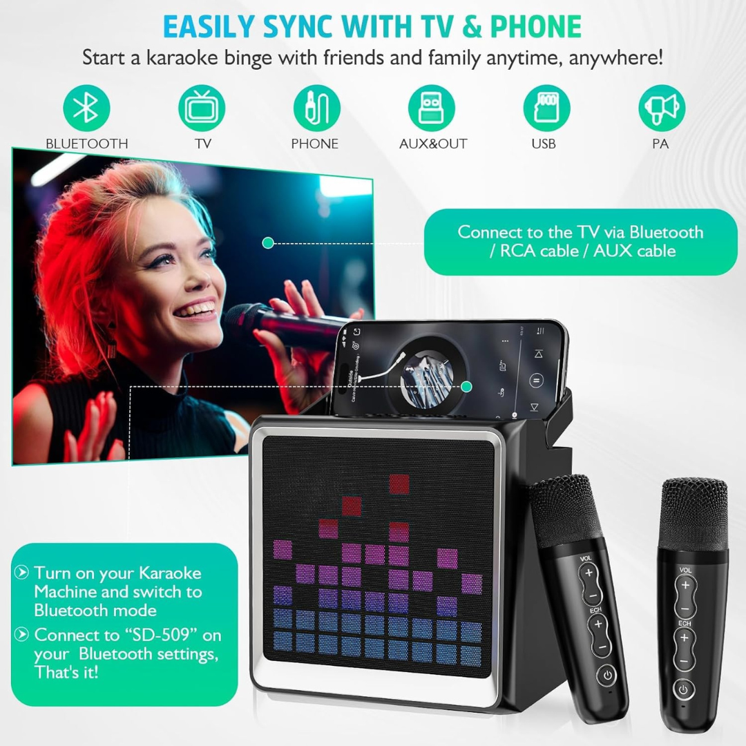 Volpers Karaoke Machine for Kids & Adults – Portable Bluetooth PA System with 2 Wireless Microphones & LED Lights | Fun Singing Toy for Girls, Boys & Family Parties | Christmas & Home Entertainment