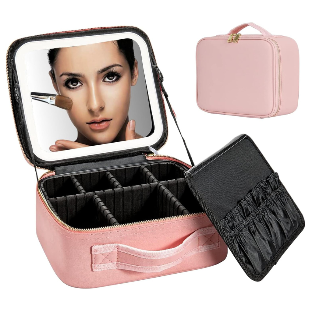 Volpers Makeup Bag with LED Mirror – 3 Adjustable Brightness Levels, Dividers for Jewelry, Essential Oils, Toiletries & Daily Makeup Storage