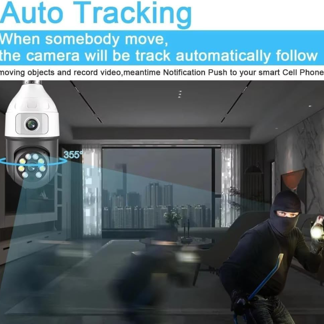 Volpers PTZ Bulb Security Camera – 6MP Dual Lens WiFi IP Cam | 360° Pan Tilt Zoom | Auto-Tracking Motion Detection | Night Vision | Two-Way Audio | Indoor & Outdoor CCTV Surveillance.